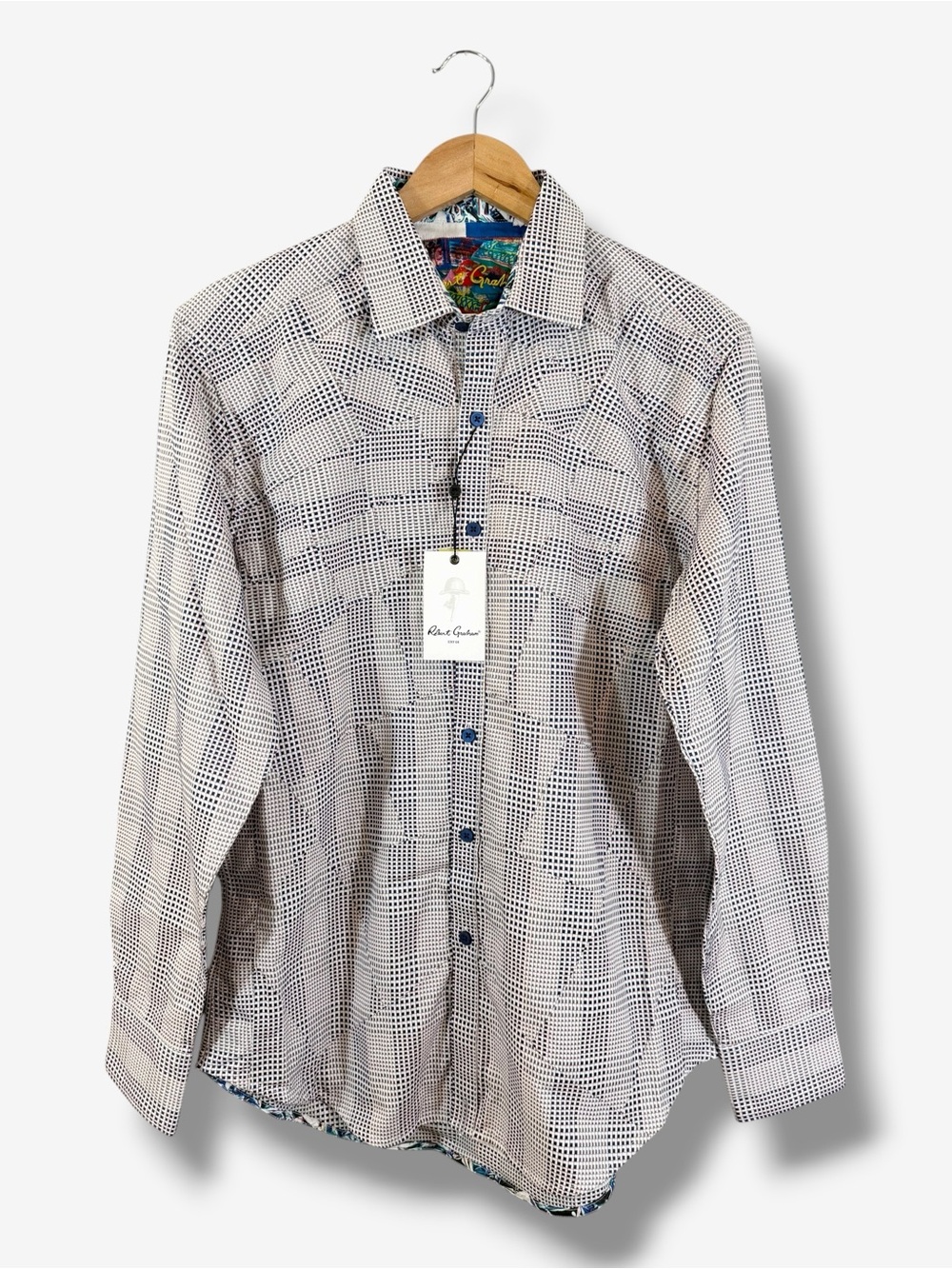 Robert Graham Flip Cuff LINEAR Button Down Shirt Men's L Blue White Classic Fit